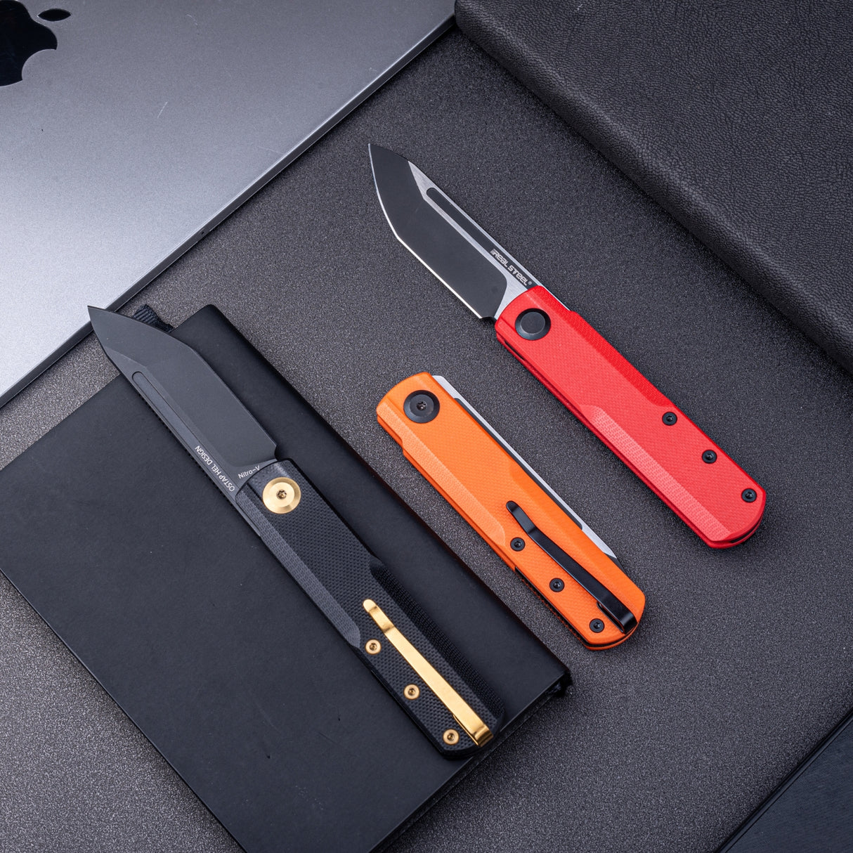 Real Steel G-Tanto EDC Double Detent Ball Lock Folding Knife-2.64" Nitro-V Black Two-Tone Finish Blade and Red G10