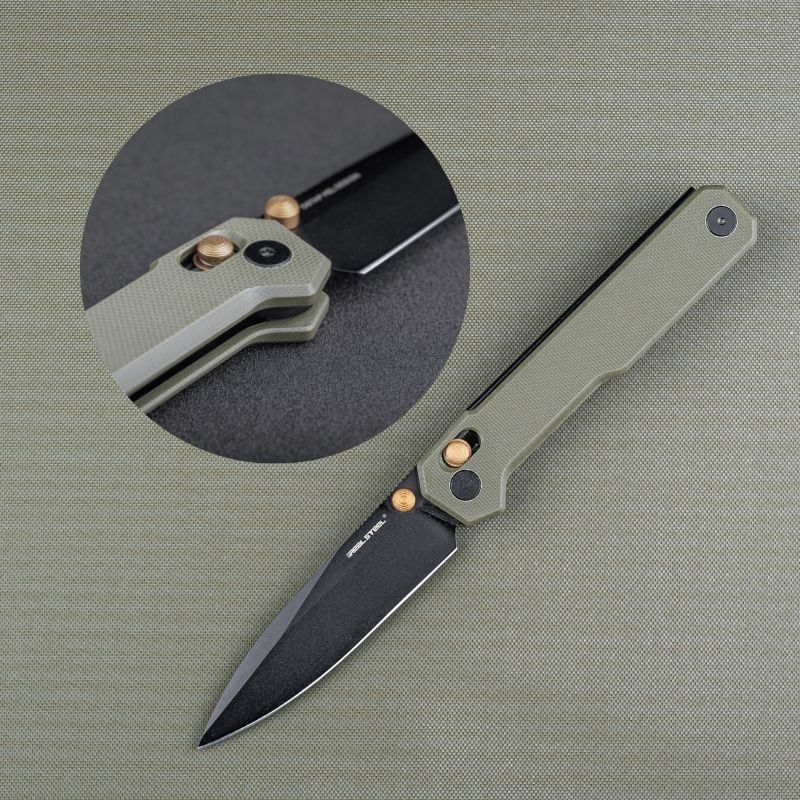 Real Steel Perix Crossbar Lock Folding Knife 3.5''Nitro-V Black PVD Coated Drop Point Blade, Olive Green Handle