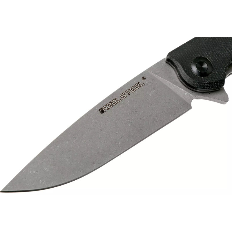 Real Steel Knives E801 Megalodon Flipper Knife 3.93" Alleima 14C28N Dark Stonewashed Blade, Black Micarta Handles