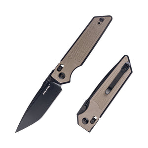 Real Steel Sacra Tactical Crossbar Lock Folding Knife- 3.31" Black Tanto Plain Böhler K110 Blade, Coyote G10 Handle