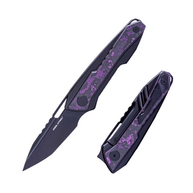 Real Steel Bullet EDC Pocket Knife - Front Flipper with Frame lock (2.91"  S35VN Black Modified Tanto Blade) Black Titanium Handles with Fat Carbon Purple Haze Inlays
