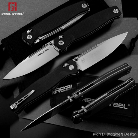 Real Steel Huginn Tactical Crossbar Lock Folding Knife -Black 3.66" VG-10 Blade and Milled Black G10 Handle