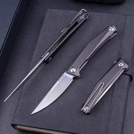 Real Steel Teres Flipper Knife 3.11" Nitro-V Satin Hollow-Ground Blade, Liner Lock, Grey Aluminum Handle