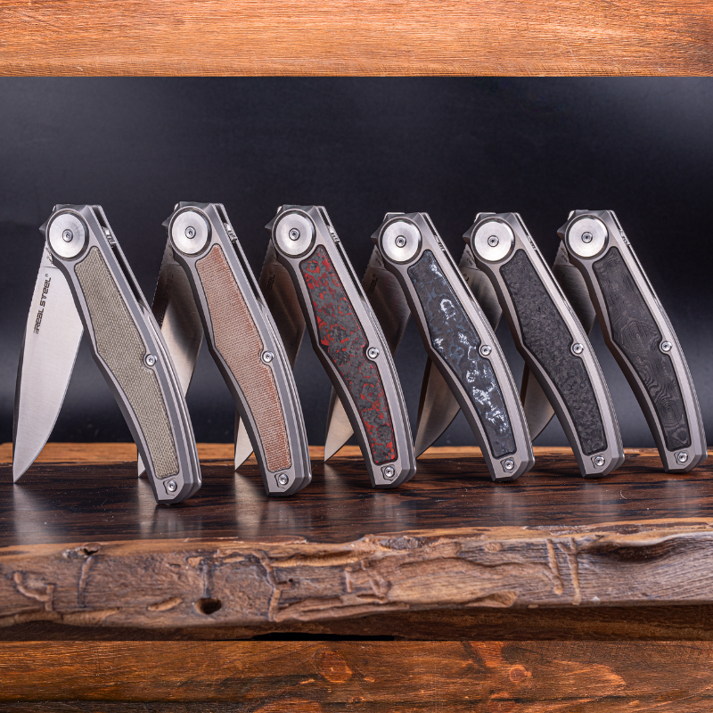 Real Steel Avangard Frame Lock Flipper Knife - 3.46" Satin M390 Blade, Titanium Handles with Shred Carbon Fiber Inlays