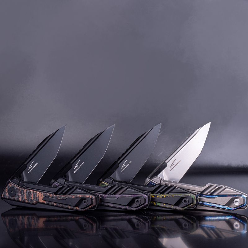 Real Steel Bullet EDC Pocket Knife - Front Flipper with Frame lock (2.91"  S35VN Black Modified Tanto Blade) Black Titanium Handles with Fat Carbon Purple Haze Inlays