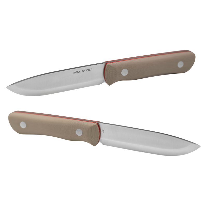 Real Steel Bushcraft III Fixed Knife -4.13" D2  Scandi Grind, Coyote Tan G10 Handle with Red G10 Liner, Kydex Sheath