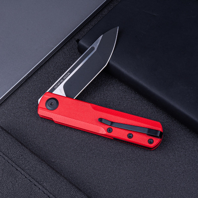 Real Steel G-Tanto EDC Double Detent Ball Lock Folding Knife-2.64" Nitro-V Black Two-Tone Finish Blade and Red G10
