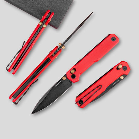 Real Steel Perix Crossbar Lock Folding Knife 3.39''Nitro-V Black PVD Coated Drop Point Blade, Red G10 Handle