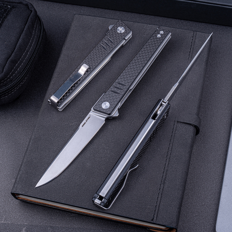 Real Steel Kikashi Flipper Knife 4.45'' Alleima 14C28N  Stonewash ‎Clip Point Blade, Liner Lock, G10/Carbon Fiber laminate