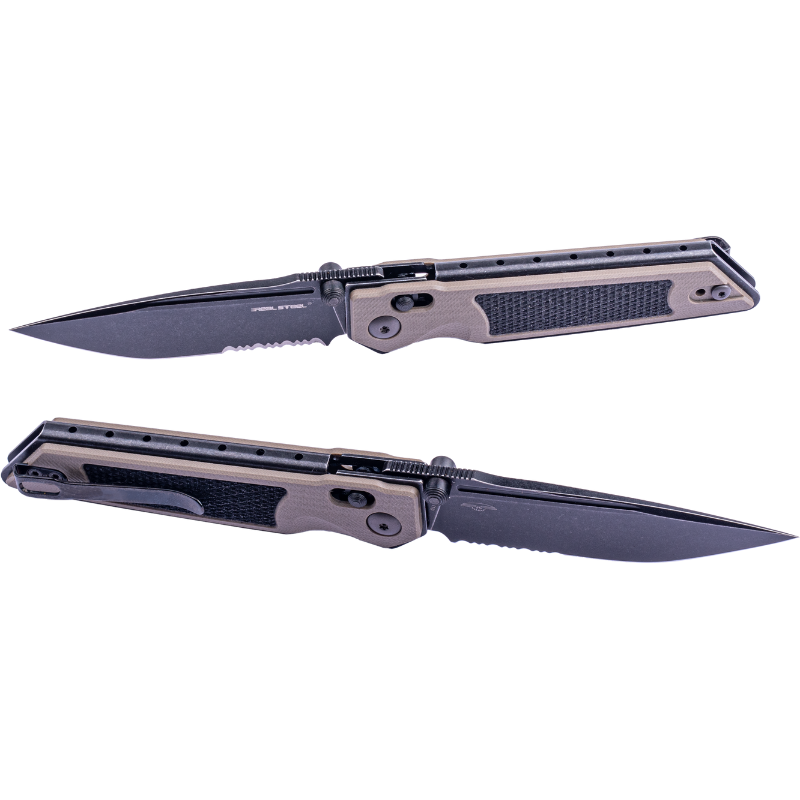 Real Steel Sacra Tactical Crossbar Lock Folding Knife- 3.31" Blackwash Serrated Böhler K110 Blade, Coyote G10 Handle