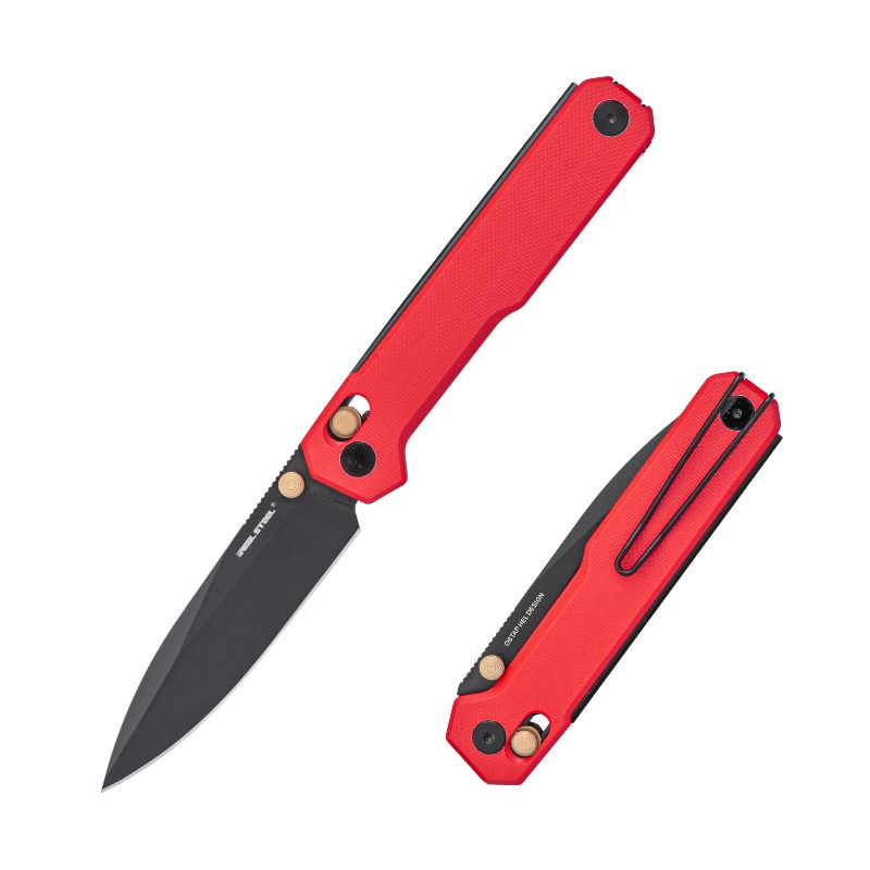 Real Steel Perix Crossbar Lock Folding Knife 3.5''Nitro-V Black PVD Coated Drop Point Blade, Red G10 Handle