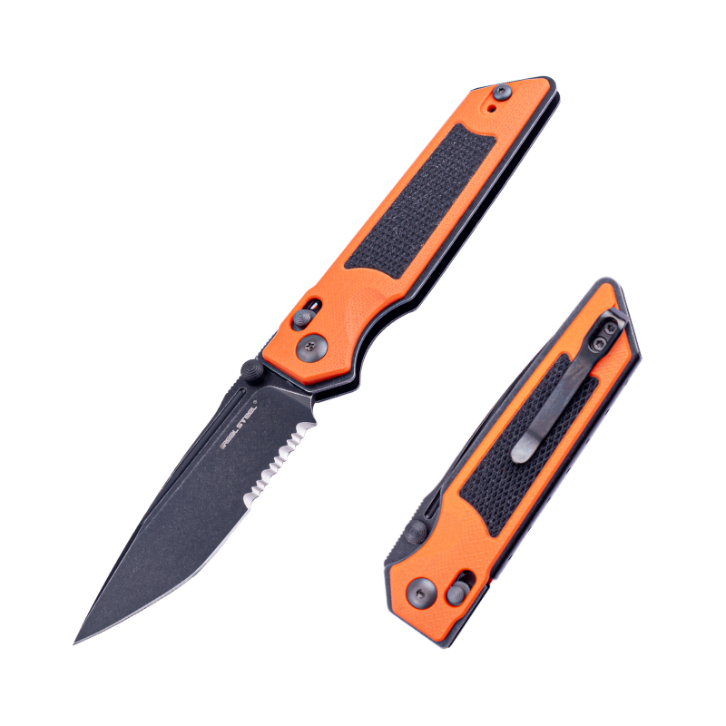 Real Steel Sacra Tactical Crossbar Lock Folding Knife- 3.31" Blackwash Serrated Böhler K110 Blade, Orange G10 Handle