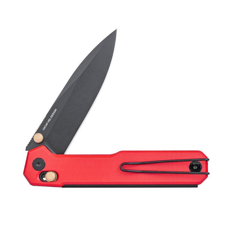 Real Steel Perix Crossbar Lock Folding Knife 3.5''Nitro-V Black PVD Coated Drop Point Blade, Red G10 Handle